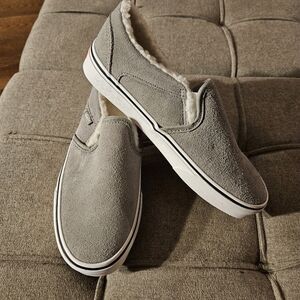 Vans Cozy Asher Drizzle Gray Suede faux sherpa lining slip-on skate style shoes
